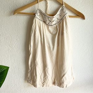 American Eagle Cream Beaded Neckline Tie Halter Top sz Small